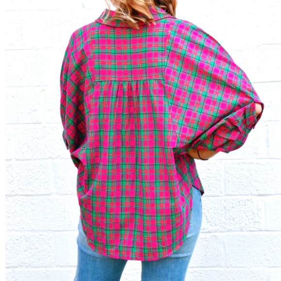 Entro Vibrant Puff Sleeve Hot Pink & Green Oversized Plaid Cotton Top - Picture 3 of 15